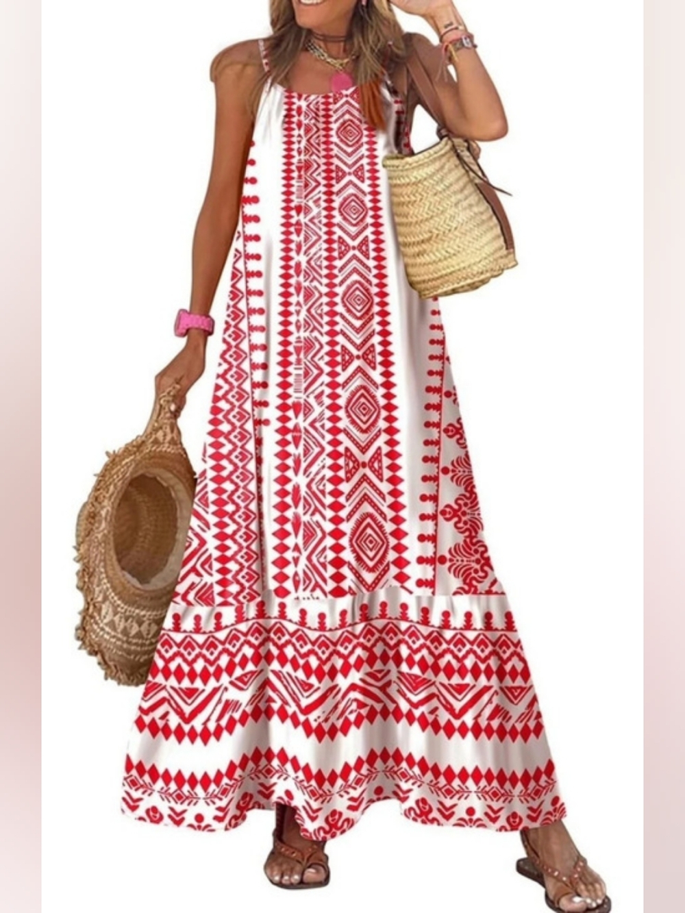 Geometric Maxi Dress in White & Red Size Large Like NWT
